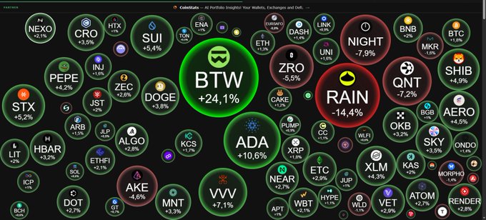 A dark-themed cryptocurrency visualization showing various tokens in colored circles (green for gains, red for losses), with prominent displays of BTW (+24.1%), RAIN (-14.4%), and NIGHT (-7.9%), titled 'Coinstats - AI Portfolio Insights'.