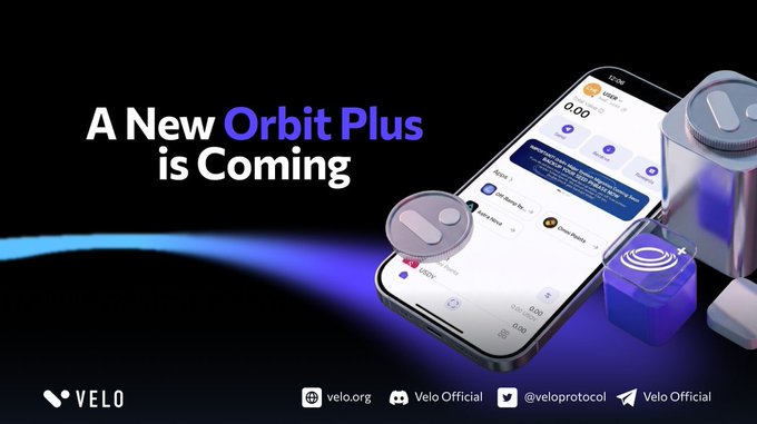 An advertisement reading 'A New Orbit Plus is Coming' for Velo, showing a phone with the app interface and contact cards on a dark background.