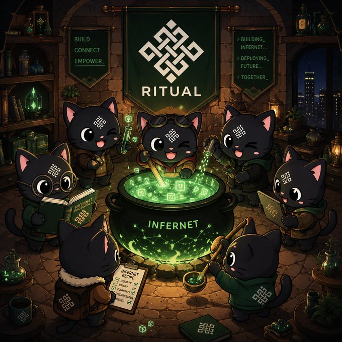 A fantasy illustration of cartoon black cats as "RITUAL" developers brewing an "INFERNET" potion in a cauldron, with banners reading "BUILD CONNECT EMPOWER."