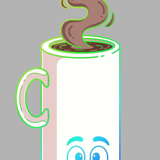 A cartoon illustration of an anthropomorphic coffee mug with big blue eyes, featuring a brown swirl of steam rising from its rim.