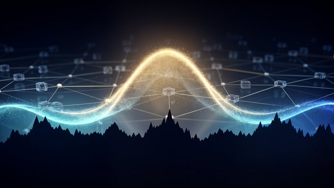 A glowing golden and blue wave rises above a dark city skyline, overlaid with a network of interconnected nodes and cubes, visually representing real-world data streams being fetched and processed. The image's flowing wave and digital mesh symbolize the seamless integration of real-time weather data through blockchain HTTP outcalls for AI agents.