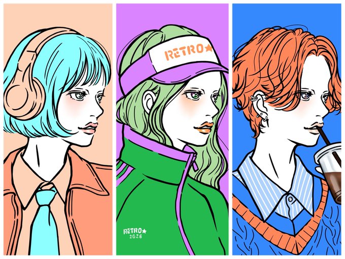 Three colorful, stylized illustrated portraits of young women in a pop-art style, each against a different colored background (peach, pink, and blue), with the middle figure wearing a visor that says 'RETRO'.