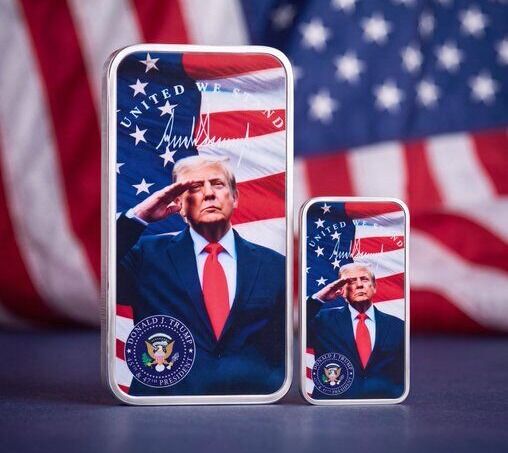Two rectangular silver bars, featuring Donald Trump saluting against an American flag, are displayed by Real Trump Coins, with the phrase "UNITED WE STAND" visible. These bars are being sold as "United We Stand" silver bars, with a 10oz bar costing $1101 and a 1oz bar costing $111.