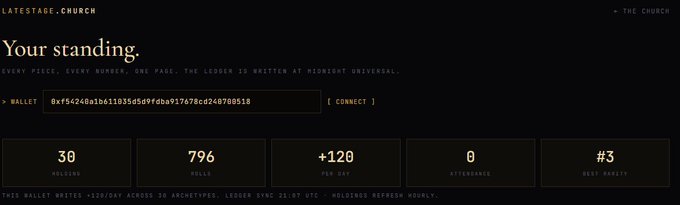 A dark-themed dashboard titled 'Your standing' from latestage.church displaying a wallet address (0wf54248a1b611835d5d9fdba917a78cd248780518), with stats: 30 holdings, 796 kills, +120 per day, 0 attendance, and best rank #3.