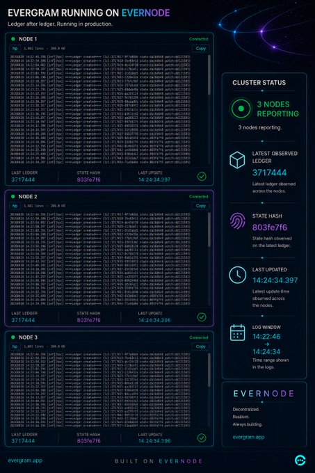 A dashboard showing 'EVERGRAM RUNNING ON EVERNODE' with cluster status displaying 3 nodes reporting, latest observed ledger 3717444, and state hash 803fe7f6.