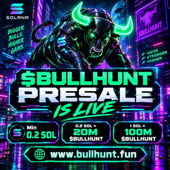 A cyberpunk-themed promotional graphic for the $BULLHUNT token presale on the Solana blockchain, featuring a neon green mechanical bull and text reading "$BULLHUNT PRESALE IS LIVE," "Min 0.2 SOL," and "www.bullhunt.fun."