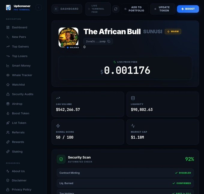 The image shows a cryptocurrency dashboard on "Upscreener" displaying "The African Bull SUNUSI" with a live price of $0.001176, 24H volume of $542,266.57, and a market cap of $1.18M. This directly relates to the post announcing the listing of $SUNUSI on Upscreener.