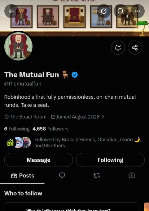 A social media profile page for "The Mutual Fun" (@themutualfun) with a verified blue badge, describing itself as "Robinhood's first fully permissionless, on-chain mutual funds. Take a seat."