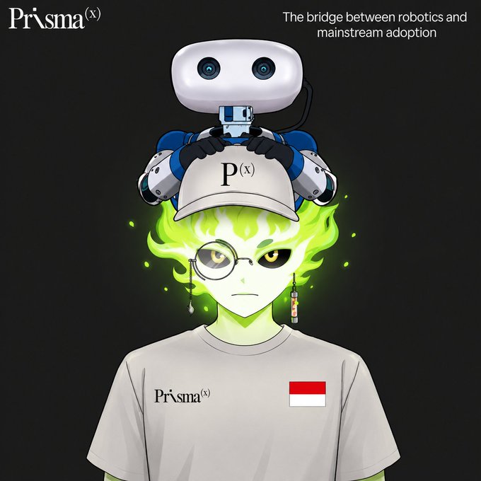 An anime-style illustration of a character with green flame-like hair wearing a 'Prisma(x)' cap and shirt with an Indonesian flag, accompanied by a white robot and the text 'The bridge between robotics and mainstream adoption'.