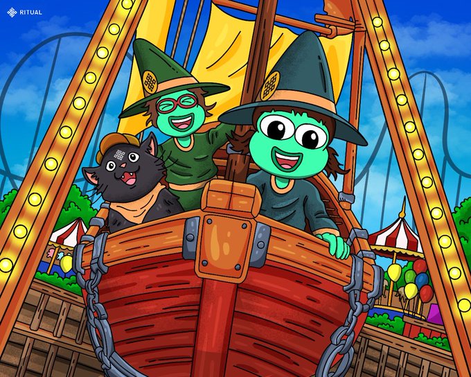 A colorful cartoon illustration shows two green-skinned figures and a black cat wearing witch hats, riding on a pirate ship swing ride at an amusement park, with 'RITUAL' branding in the corner.