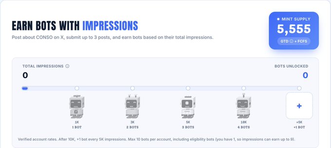 An informational graphic titled 'EARN BOTS WITH IMPRESSIONS' for CONSO, detailing a tiered reward system from 1K to 5K+ impressions, with a 'MINT SUPPLY' of 5,555.