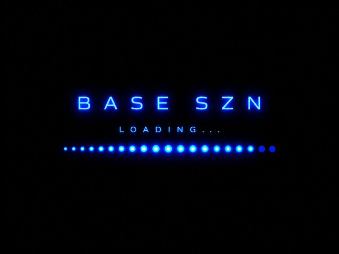 A digital loading screen displays "BASE SZN" in glowing blue neon text with "LOADING..." beneath it, accompanied by a row of illuminated blue dots that appear to be filling a progress bar against a black background. The image sets a stage for imminent cryptocurrency activity, with the post highlighting tickers "$TOSHI" and "$DOGINME" alongside clock and bomb emojis suggesting time-sensitive, high-impact opportunities on the Base network.