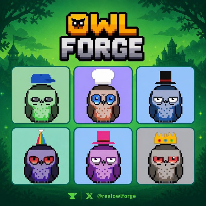 Pixel art promotional image for "OWL FORGE" featuring six stylized owl characters with different hats (cap, chef hat, top hat, party hat, pink hat, crown) on colored tile backgrounds, with social handles @realowlforge at the bottom.