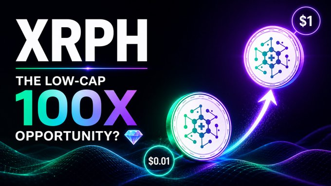 A cryptocurrency promotional graphic displays 'XRPH THE LOW-CAP 100X OPPORTUNITY?' with token imagery showing a price increase from $0.01 to $1.