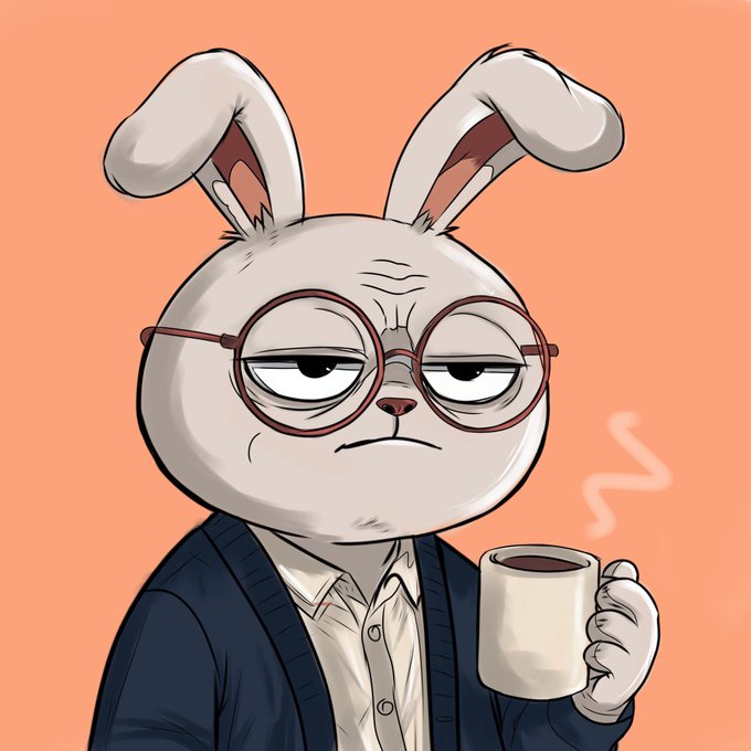 A cartoon illustration of a tired-looking white rabbit wearing round glasses, a dark blue cardigan, and a white shirt, holding a steaming white mug of dark liquid against an orange background.