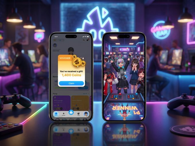 Two smartphones are displayed on a neon-lit counter in a gaming lounge, with one screen showing a "VOUCHER" notification offering 1,400 coins and a "Claim" button, while the other displays animated anime-style characters celebrating a "WINNER" result. The image visually reinforces the post's message about new engagement rewards by showcasing in-app incentives and community participation features designed for active players.