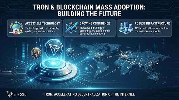 A promotional graphic for TRON titled 'TRON & BLOCKCHAIN MASS ADOPTION: BUILDING THE FUTURE' highlighting accessible technology, growing confidence, and robust infrastructure, with the tagline 'TRON: ACCELERATING DECENTRALIZATION OF THE INTERNET.'