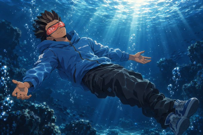 A blue hooded anime character floats peacefully underwater with outstretched arms, his red visor and "NO LIMITS" jacket text reflecting an adventurous, boundary-pushing spirit that mirrors the bold declaration that web3 gaming is inevitable. The serene, weightless pose against the deep blue sea evokes a sense of confident relaxation, suggesting the speaker is at ease with the future they predict.
