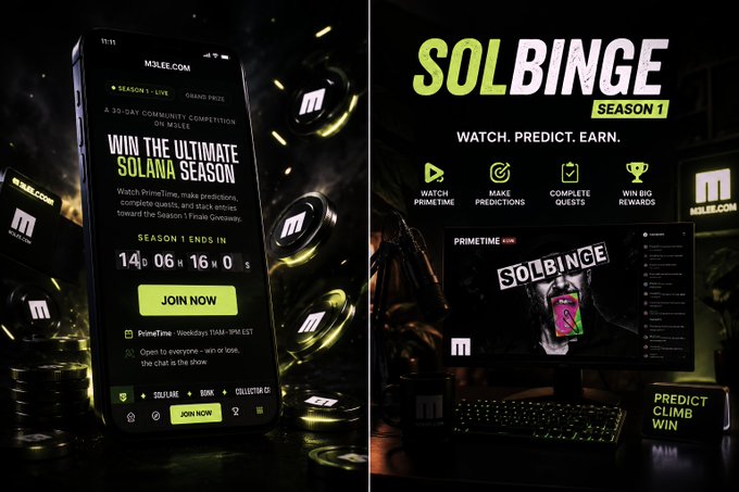 Promotional graphics for 'SOLBINGE Season 1' on M3LEE.COM, featuring a mobile phone screen inviting users to watch PrimeTime, make predictions, complete quests, and win Solana rewards, alongside a desktop view highlighting the prediction platform.