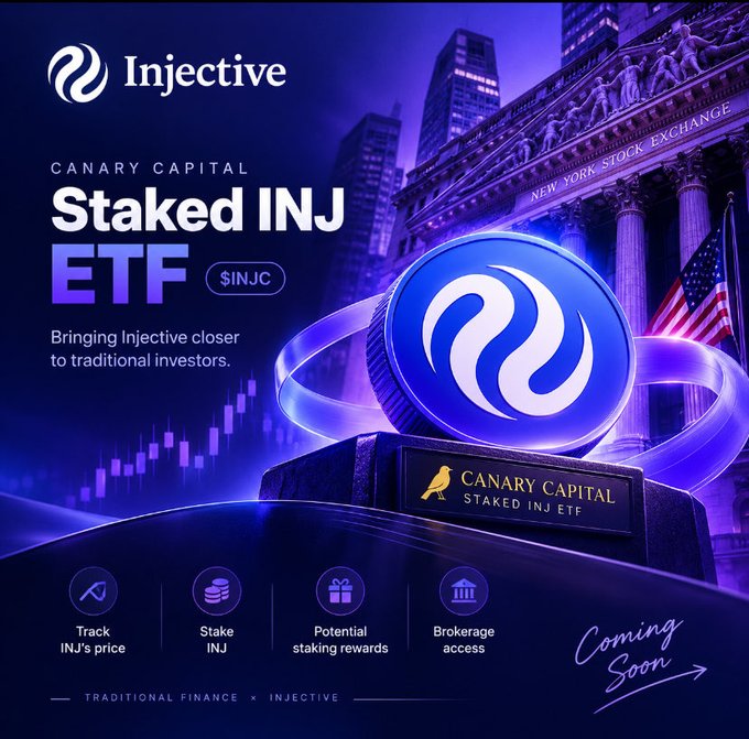 A promotional graphic for the Canary Capital 'Staked INJ ETF' ($INJC) by Injective, featuring a coin in front of the New York Stock Exchange with features listed: Track INJ's price, Stake INJ, Potential staking rewards, and Brokerage access.