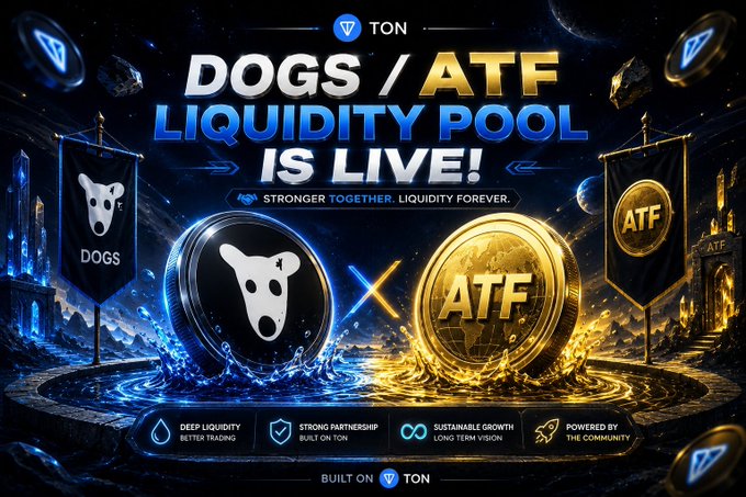 A promotional banner announcing the launch of the "DOGS/ATF Liquidity Pool" on TON (Ston), featuring the DOGS token's dog logo alongside the gold ATF coin, with the tagline "Stronger Together. Liquidity Forever." and highlighting benefits like deep liquidity, strong partnership, sustainable growth, and community-powered support.