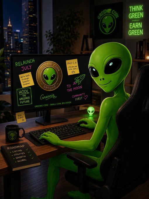 A green alien works at a desk displaying "Greenie Coin" branding with sticky notes reading "RELAUNCH JULY," "HODL FOR A GREENER FUTURE," and "TO THE MOON," alongside a coffee mug and a roadmap notebook outlining "LISTING, UTILITIES, GROWTH, GLOBAL" — visually representing the grassroots community-building and "real talk" updates mentioned in the $1MALR X Community launch announcement.
