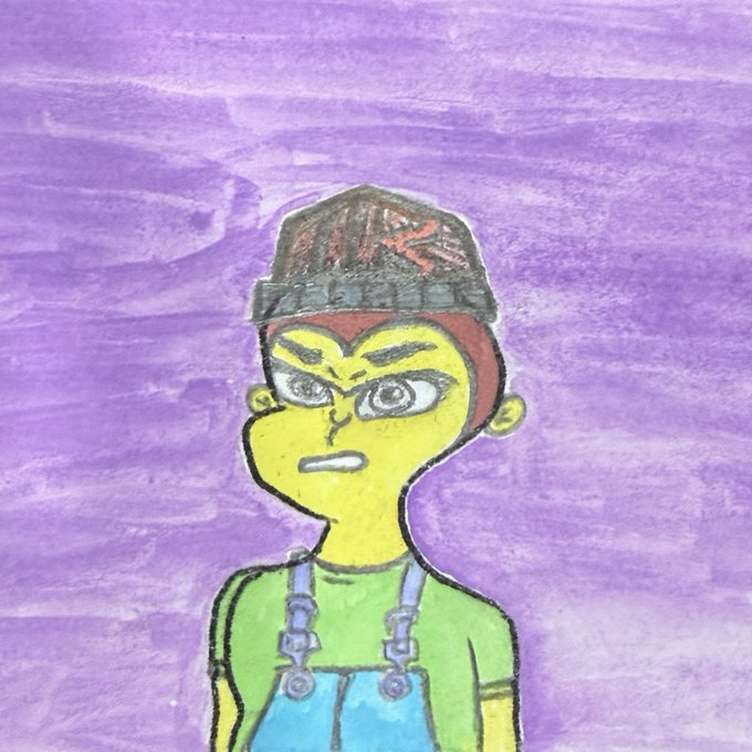 A hand-drawn colored pencil illustration of an angry-looking character with yellow skin, wearing a backwards cap, green shirt, and blue overalls against a purple textured background.
