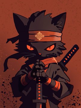 A chibi-style anthropomorphic black cat ninja with glowing red eyes holds a katana, wearing a headband marked with a red geometric symbol, set against a moody dark red background. The image embodies the post's theme of a silent, watchful warrior whose calculated precision and shadow presence define his legend in the Web3 and AI space.