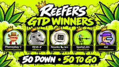 A promotional graphic with a green leaf background displays 'REEFERS LTD WINNERS' at the top, showing five cartoon avatars labeled 'Created by Community' and 'Featured by Reefers,' along with '50 DOWN • 50 TO GO' at the bottom.
