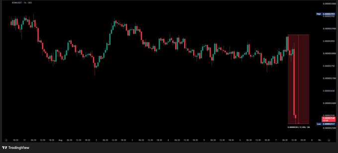 A TradingView candlestick chart of BONK/USDT shows a sharp, near-vertical crash on the far right side, with price plunging from around 0.000022 down to approximately 0.000025, visually illustrating the token's steep sell-off following Upbit's announcement of its upcoming delisting on September 7.