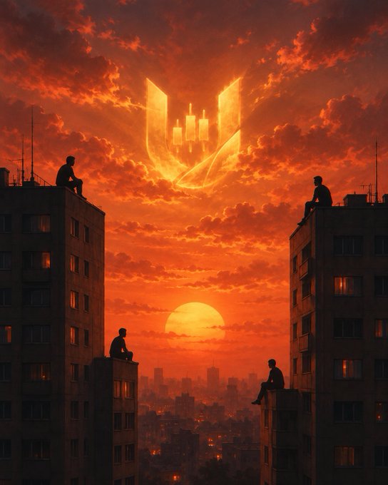 A dramatic digital artwork depicts silhouettes of people sitting on rooftops against a fiery red sunset, with a glowing candlestick chart formation rising in the clouds.