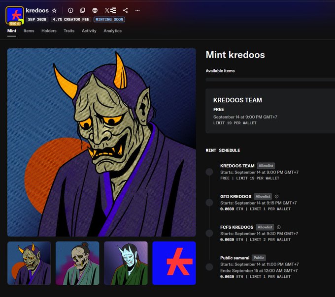A webpage screenshot from the NFT platform showing 'Mint kredoos' with a horned demon mask character illustration, displaying a mint schedule for KREDOOS TEAM, GTD KREDOOS, FCFS KREDOOS, and Public samurai collections starting September 14.