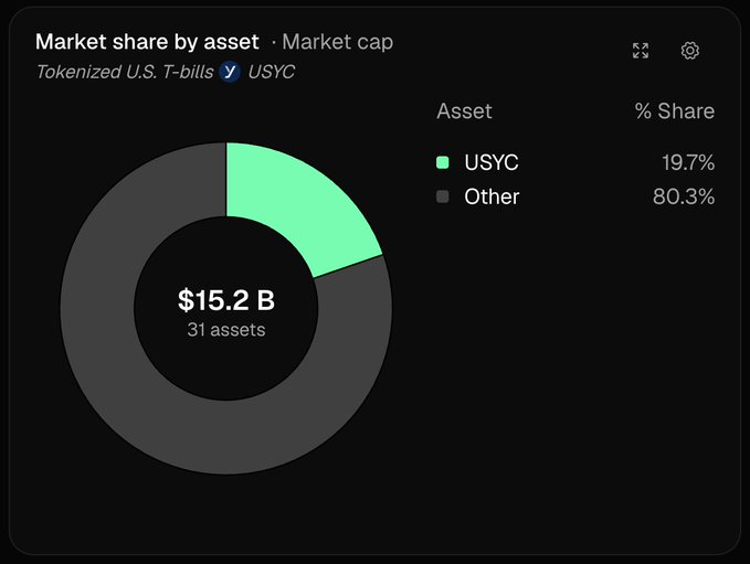 The image displays a donut chart titled "Market share by asset · Market cap" for Tokenized U.S. T-bills, showing USYC holding a 19.7% share (highlighted in green) versus 80.3% for "Other" assets, with a total market cap of $15.2 billion across 31 assets. This visualization directly supports the post's claim that USYC is the largest tokenized U.S. Treasury fund, illustrating its dominant 19.7% share of the $15.2B market.