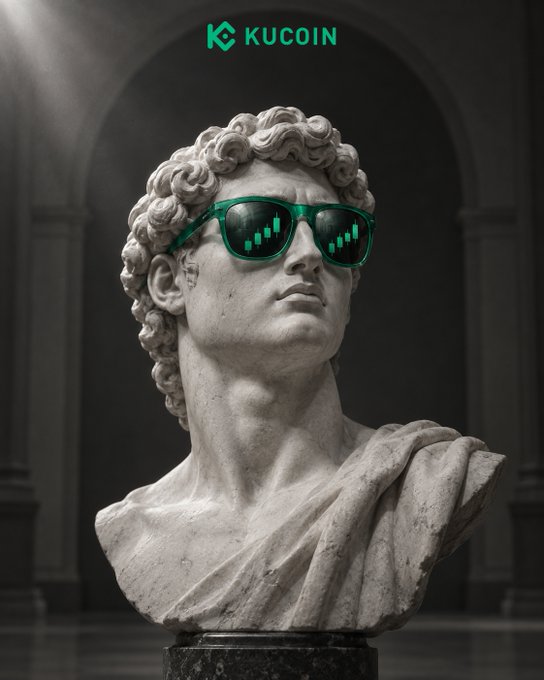 A classical marble bust, reminiscent of Michelangelo's David, wears green sunglasses reflecting candlestick chart patterns, with the "KuCoin" logo and branding displayed at the top of the image. The image visually captures the caption's sentiment by blending timeless sculpture with crypto trading, suggesting ancient wisdom applied to confident long positions on the market.