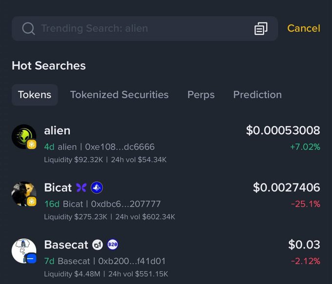 A screenshot of a cryptocurrency search interface showing 'Hot Searches' with a trending search for 'alien'. Three tokens are listed: 'alien' at $0.00053008 (+7.02%), 'Bicat' at $0.0027406 (-25.1%), and 'Basecat' at $0.03 (-2.12%), with categories including Tokens, Tokenized Securities, Perps, and Prediction.