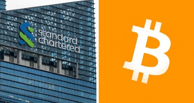 Split image showing Standard Chartered bank headquarters on the left alongside the Bitcoin logo on an orange background, visually linking the bank's bullish $100,000 BTC price prediction with the cryptocurrency itself.