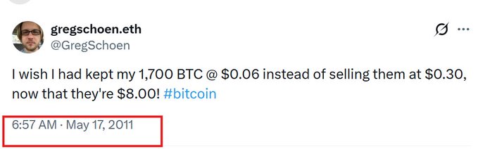 A tweet from Greg Schoen (@GregSchoen) posted on May 17, 2011, expressing regret over selling 1,700 BTC at $0.30 instead of holding when the price was $0.06, especially since Bitcoin later reached $8.00. The image illustrates the post's lesson about the psychological warfare of holding through volatile drawdowns for life-changing gains.