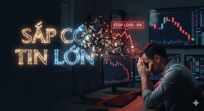 A dark scene showing a distressed man with his head in his hands in front of computer monitors displaying stock charts with declining red graphs; glowing text reads 'SẮP CÓ TIN LỚN' and 'STOP LOSS: -X%'.