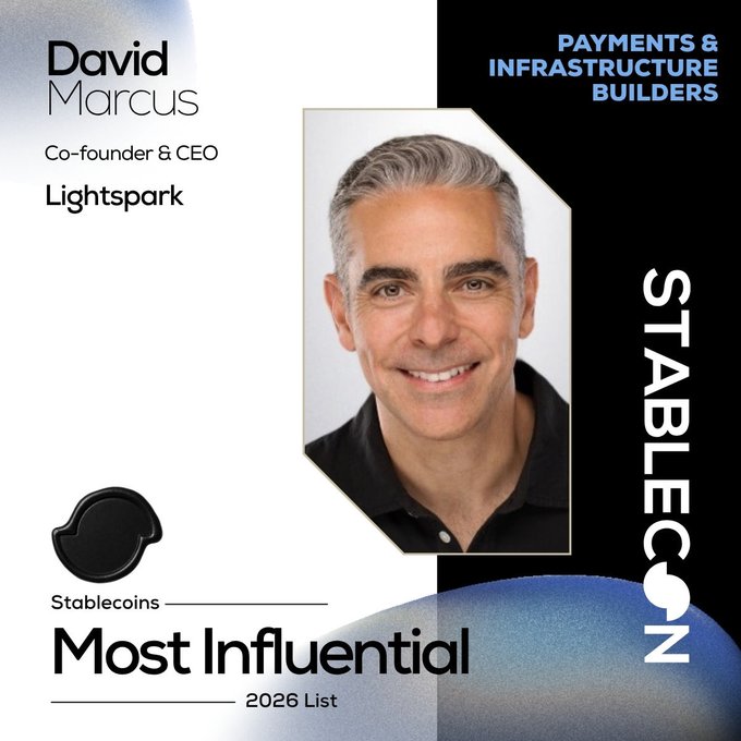 A promotional graphic featuring David Marcus, Co-founder & CEO of Lightspark, smiling in a headshot against a white and black background. The image is branded with "Stablecon" and identifies him as part of the "Payments & Infrastructure Builders" category on the "Stablecoins Most Influential 2026 List," visually representing the recognition he acknowledges receiving on behalf of his team.