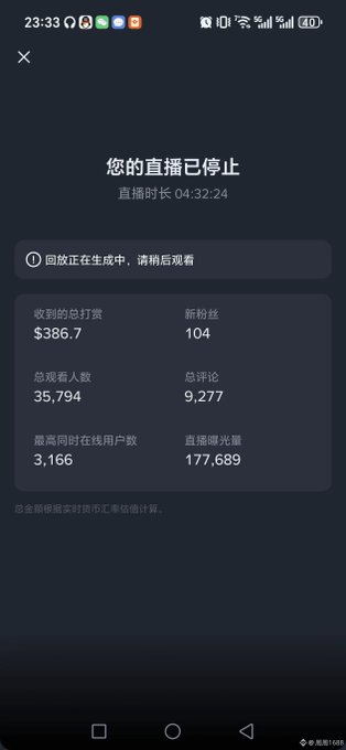 A live streaming summary in Chinese shows a broadcast that ended after 4 hours, 32 minutes, and 24 seconds, earning $386.7 in total tips with 35,794 viewers and 104 new followers.

This image represents a tangible result of consistent effort—aligning perfectly with the post's message about daily progress compounding into significant achievements over time, as the broadcaster's steady dedication has translated into measurable engagement and earnings.