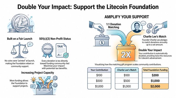 An infographic titled 'Double Your Impact: Support the Litecoin Foundation' explaining the 1:1 donation matching program by Charlie Lee and the Foundation's 501(c)(3) non-profit status.