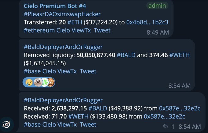 A Cielo Premium Bot alert tracks wallet activity, noting a transfer of 20 ETH ($37,224.20) tagged #PleasrDAOSimswapHacker at 8:49 AM, followed by #BaldDeployerAndOrRuggur liquidity movements on #base—including removal of 50,050,877.40 BALD and 374.46 WETH ($1,634,045.15) and receipts of 2,638,297.15 BALD ($49,388.92) plus 71.70 WETH ($133,480.98) by 8:54 AM. The post highlights Cielo's early presence on Base prior to its official launch, with this screenshot showing the bot's on-chain monitoring capabilities already active.