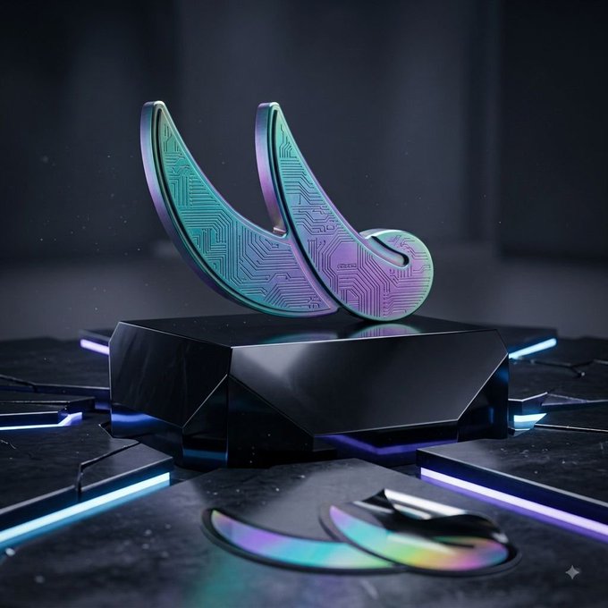 A 3D render of a holographic crescent-shaped token with circuit board textures resting on a dark geometric pedestal.