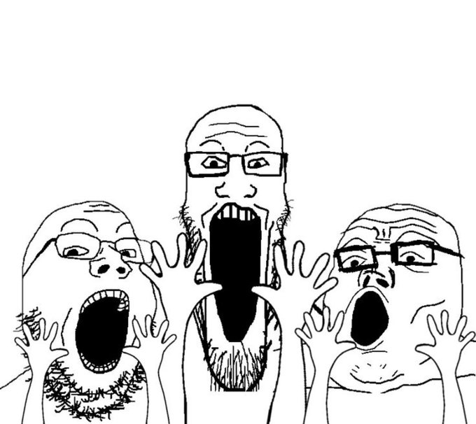 A black and white line drawing meme depicting three bald men with glasses screaming with wide-open mouths.