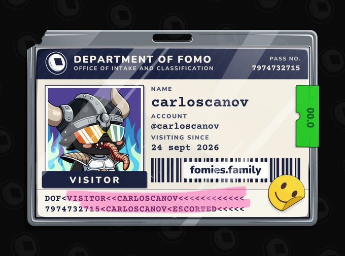 A digital visitor pass from the Department of FOMO (Office of Intake and Classification) for 'carloscanov' (@carloscanov), marked as VISITOR since 24 sept 2026, with the URL fomies.family.