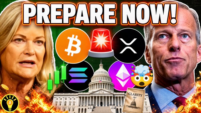 The image is a YouTube thumbnail featuring Senator Cynthia Lummis and Senator Tom Cotton flanking cryptocurrency symbols (Bitcoin, XRP, Solana, Ethereum), a flashing siren, the U.S. Capitol building, a "CLARITY Act" document, and flames, with bold text reading "PREPARE NOW!"—visually promoting the accompanying post about the upcoming Senate vote on the Clarity Act on September 15th.