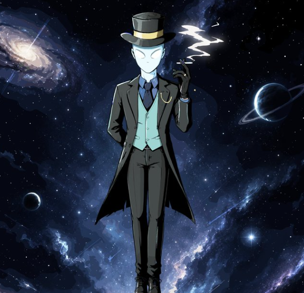 Anime-style illustration of a mysterious figure in a top hat, suit, and white mask holding a glowing object against a cosmic backdrop of galaxies and planets.