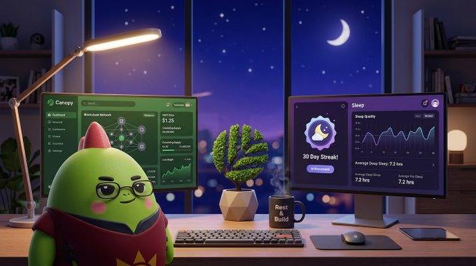 The image shows a green monster sitting at a desk with two computer monitors next to each other, one displaying a nighttime cityscape view while the other has sleep-related statistics. The monster appears to be wearing glasses and is positioned between the screens of the monitors.