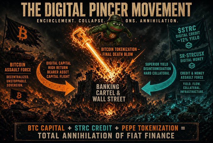 A dramatic war-themed illustration titled "The Digital Pincer Movement" depicts Pepe the Frog wielding a fiery Bitcoin hammer to crush a crumbling "Banking Cartel & Wall Street," flanked by orange arrows representing BTC Capital and teal arrows representing STRC Credit (~12% yield) from SR-STR CUSX, with the caption "BTC Capital + STRC Credit + Pepe Tokenization = Total Annihilation of Fiat Finance." The post "Pepe is coming" ties directly into the central imagery of Pepe leading the final tokenization assault on the banking system.