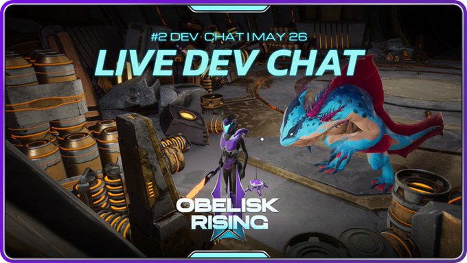The image features a poster or banner with a game title, "Oberlisk Rising", displayed at the top of the frame. Below this, there's text that reads "Live Dev Chat #2". The background of the image shows a cartoon illustration of a dragon and a person holding a sword. There are also several barrels in the scene, which could be related to the game or simply decorative elements.